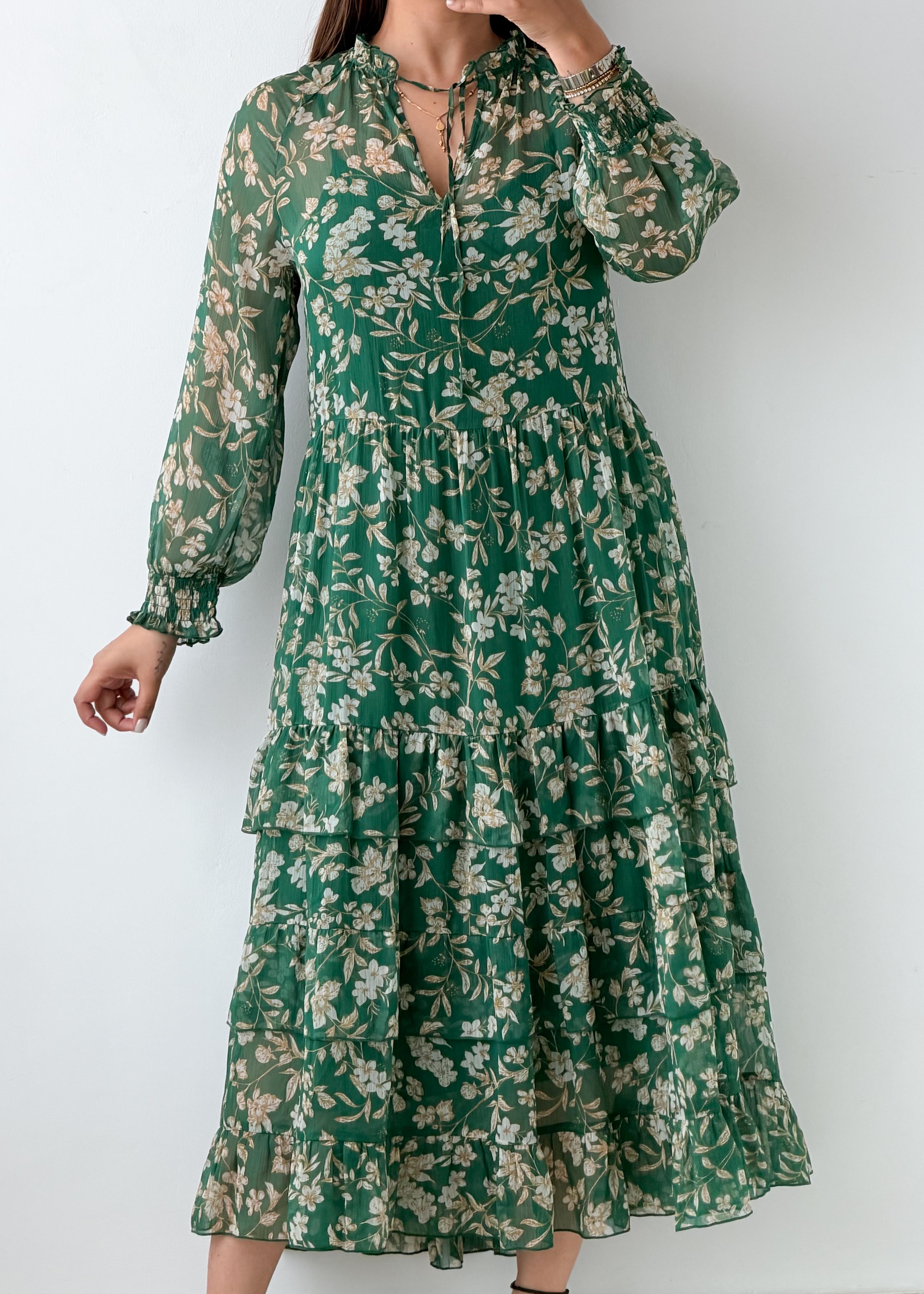Size M-L Green Floral Print Tiered Maxi Dress