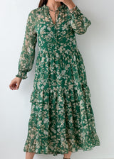Size M-L Green Floral Print Tiered Maxi Dress