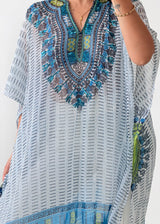Free Size Blue Embroidered Kaftan Top