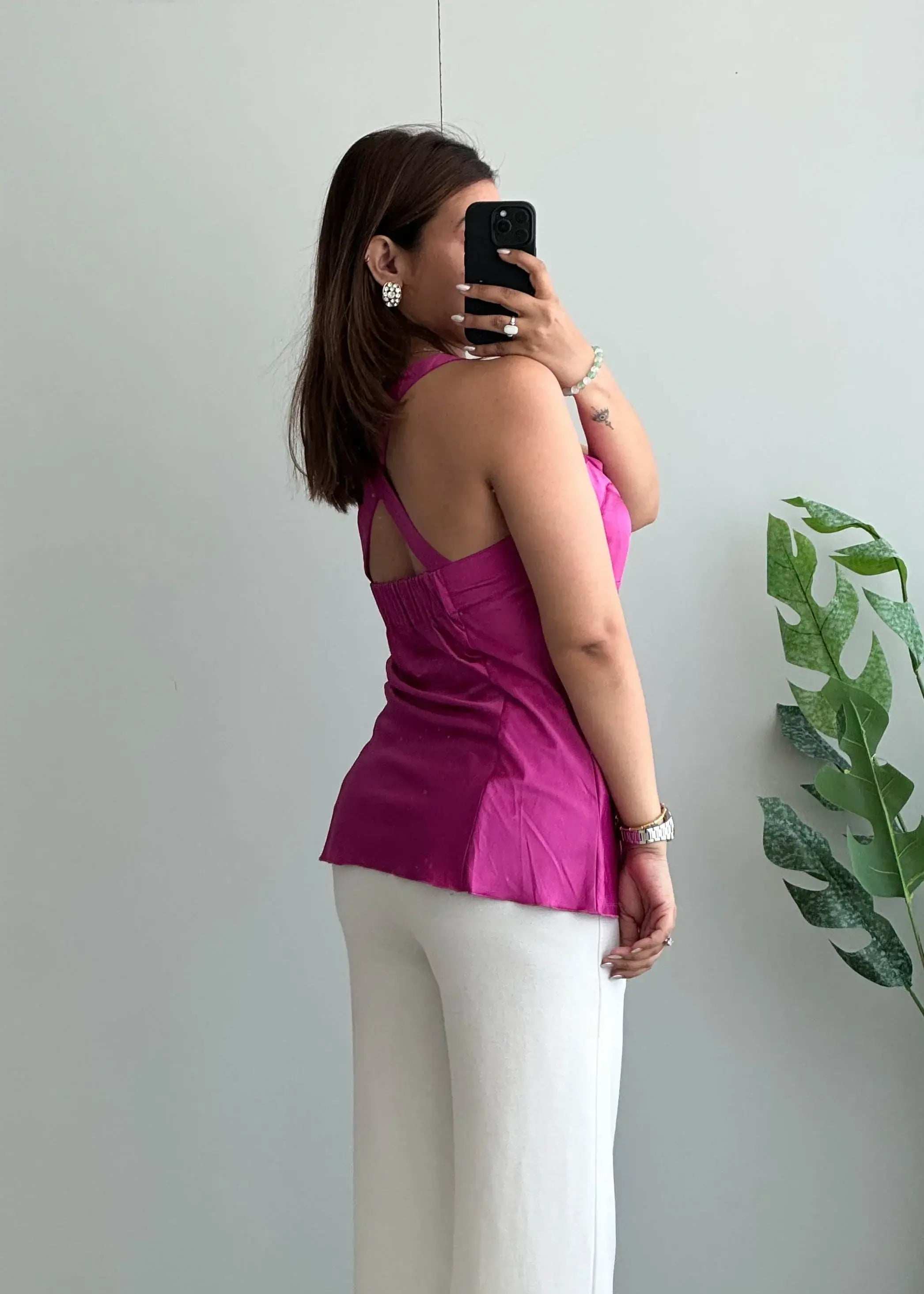 Size M, Fuchsia Satin Halter Neck Top for Women - Closet by Payal