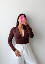 Size S Chocolate Brown Plunge Long Sleeve Bodysuit