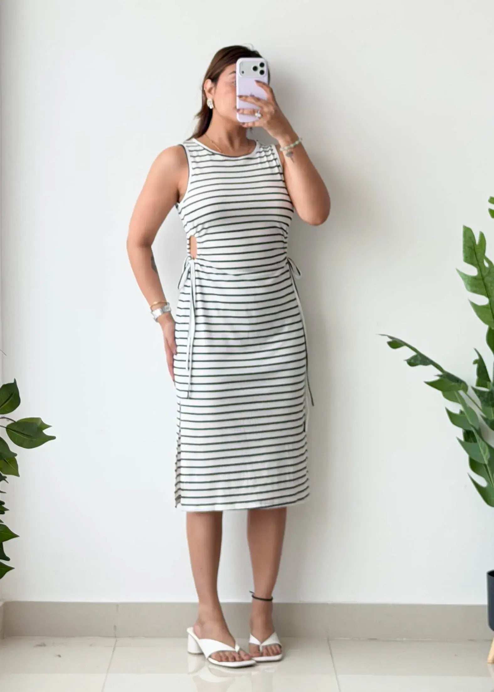 Size M-L, White & black Stripe Side Tie Midi Dress - Closet by Payal