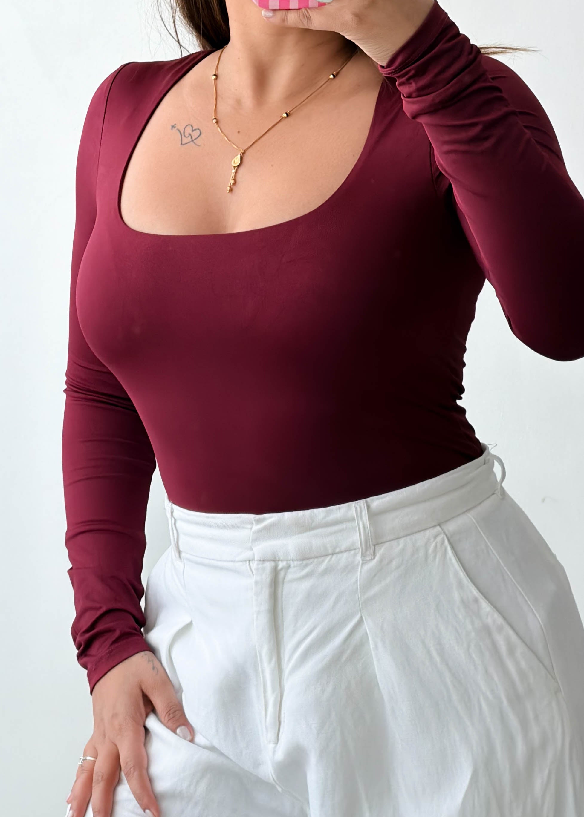Size S-M Burgundy Square Neck Bodysuit