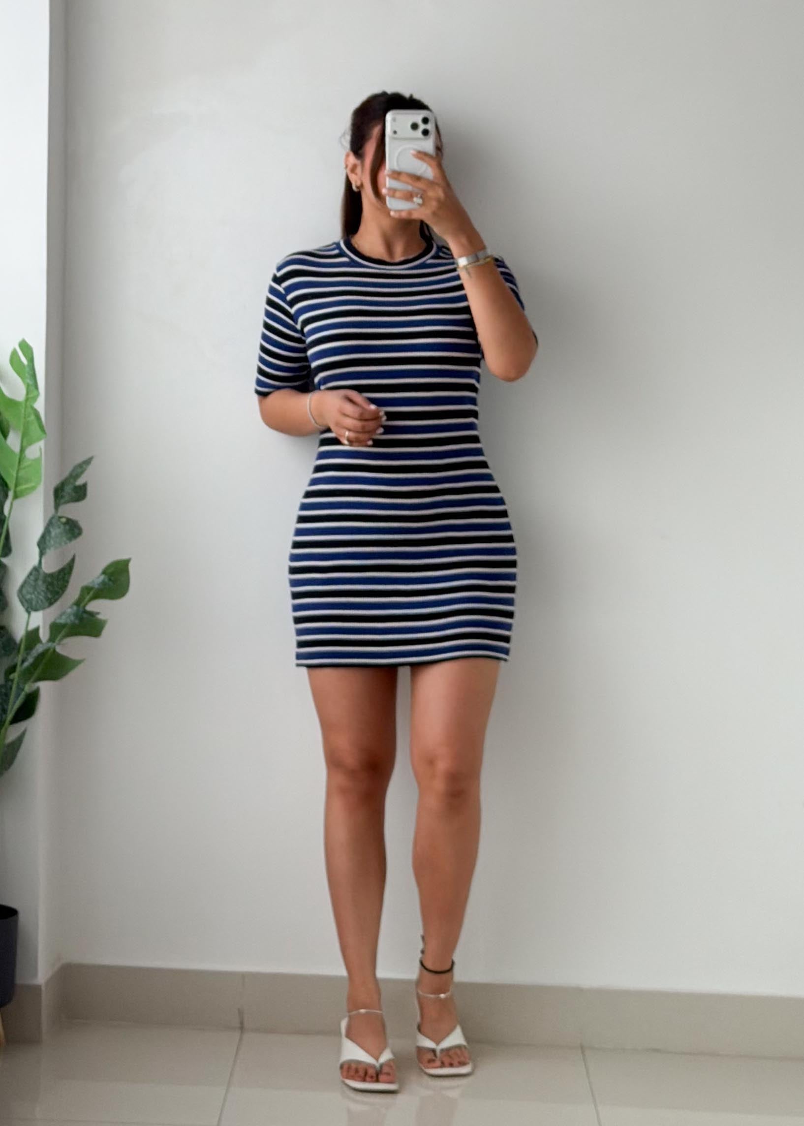 Size L-XL Navy & White Striped Knit Mini Dress