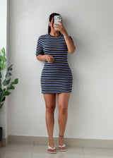 Size L-XL Navy & White Striped Knit Mini Dress