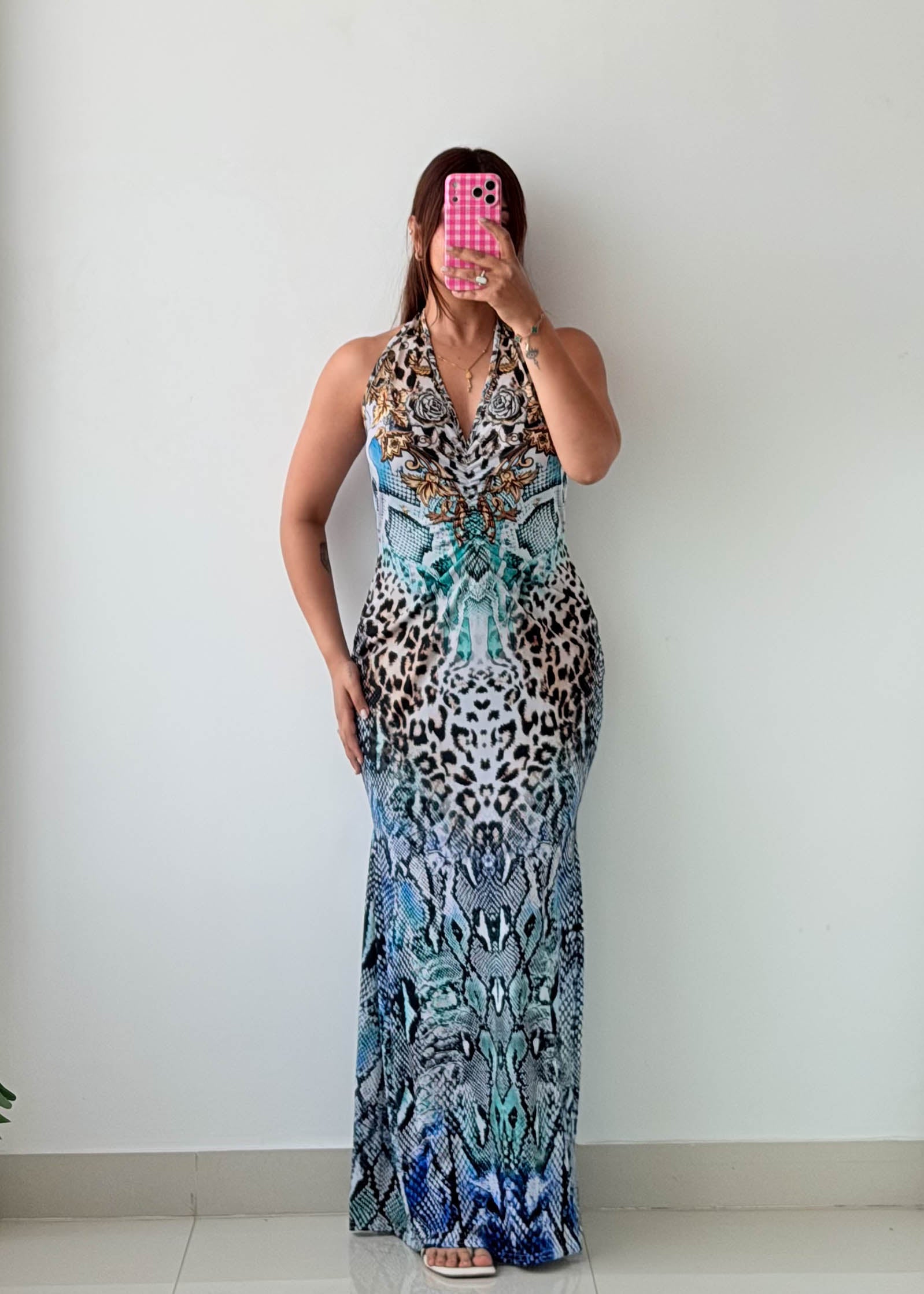 Size M-L Blue Animal Print Halter Maxi Dress