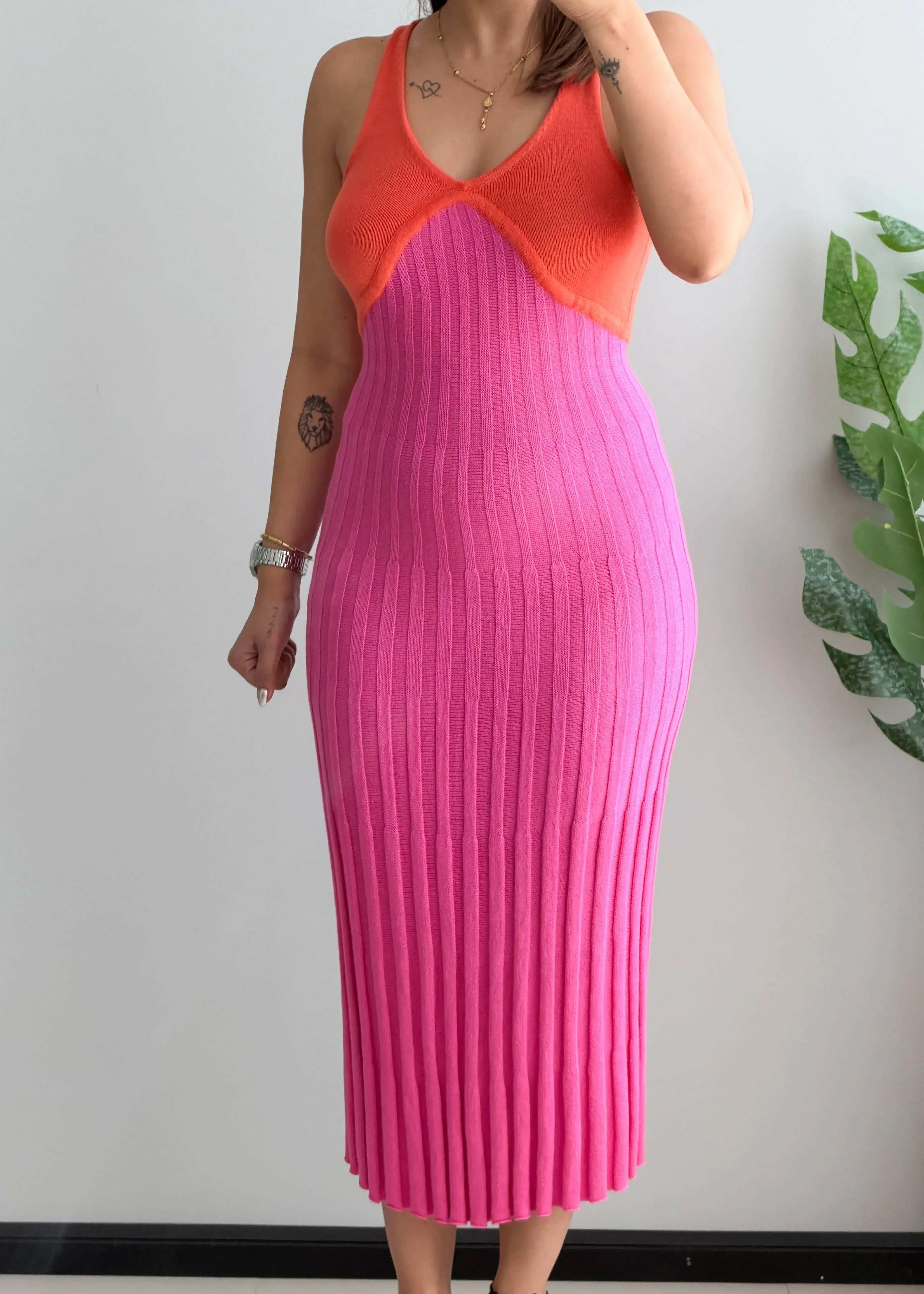 SIZE XS-S, Pink Contrast Trim Ribbed Midi Dress - Closet by Payal