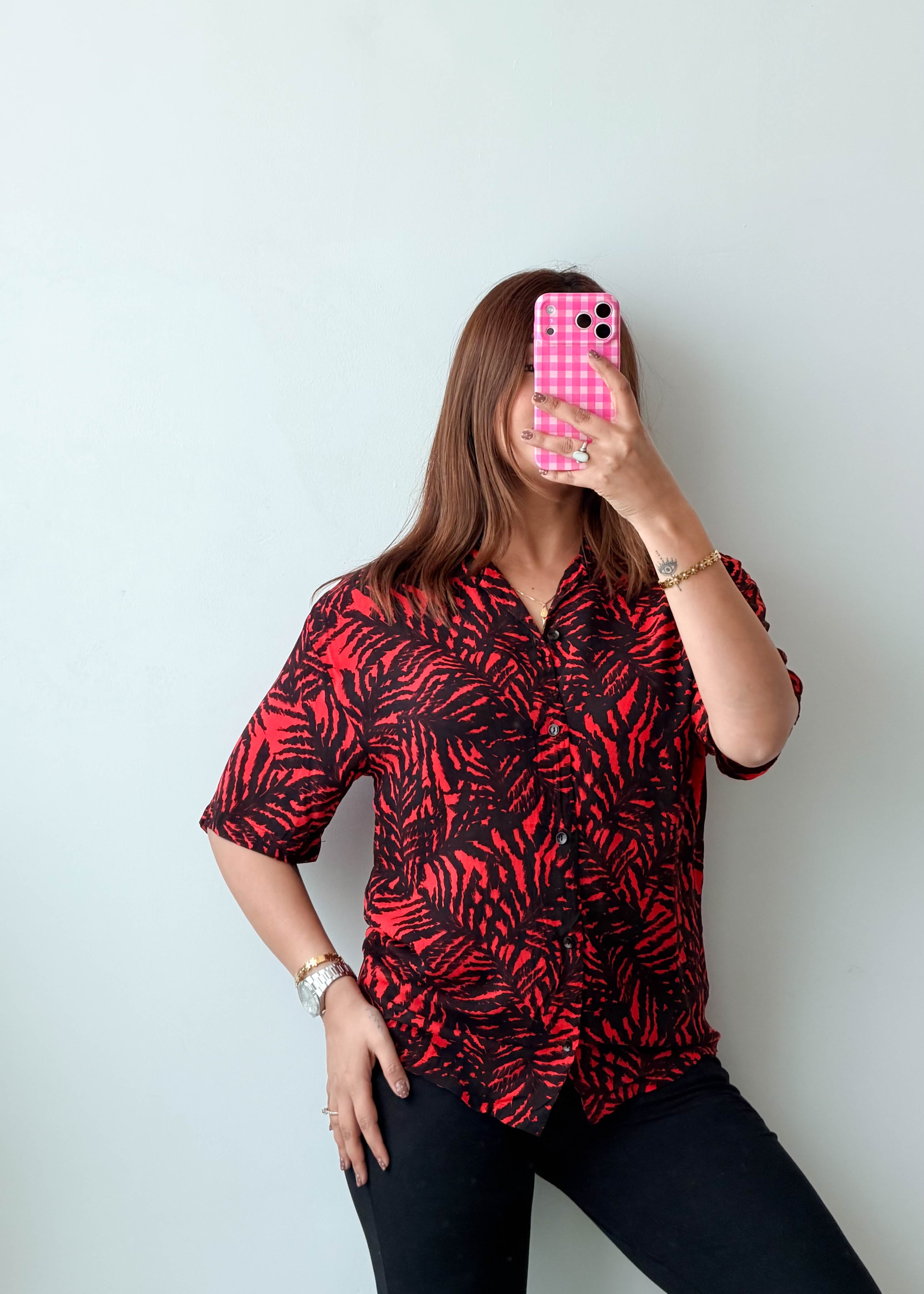 Size M-L Red Black Tropical Print Shirt Top