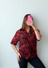 Size M-L Red Black Tropical Print Shirt Top