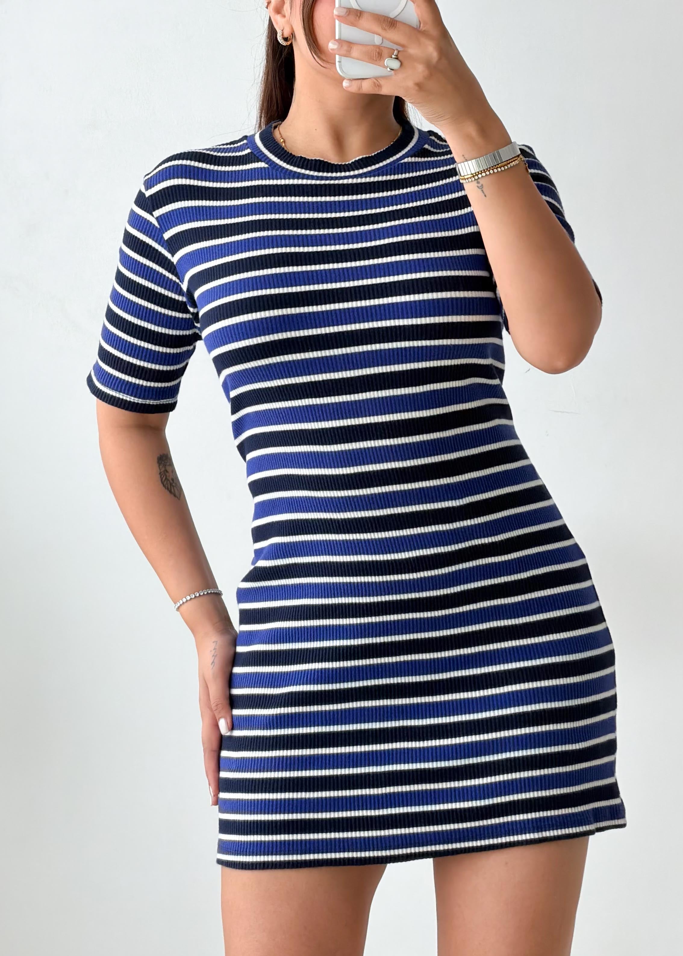 Size L-XL Navy & White Striped Knit Mini Dress