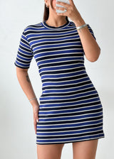 Size L-XL Navy & White Striped Knit Mini Dress