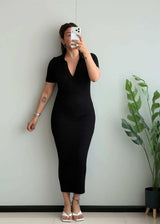 SIZE S-M, Black Ribbed V-Neck Midi Dress - Closet by Payal