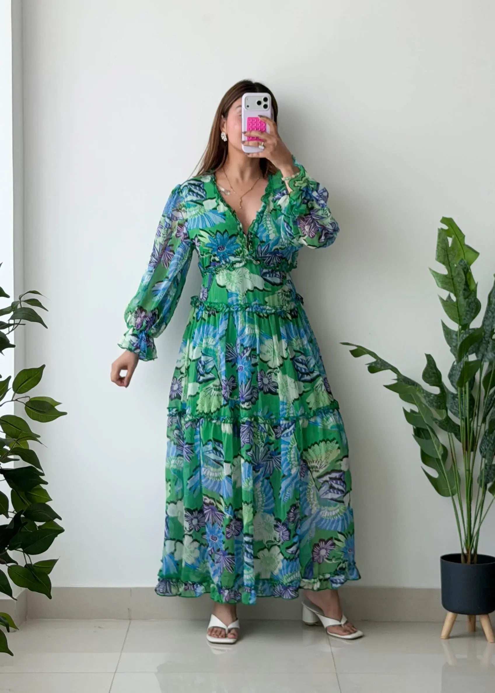 Size M-L, Green Floral Maxi Dress