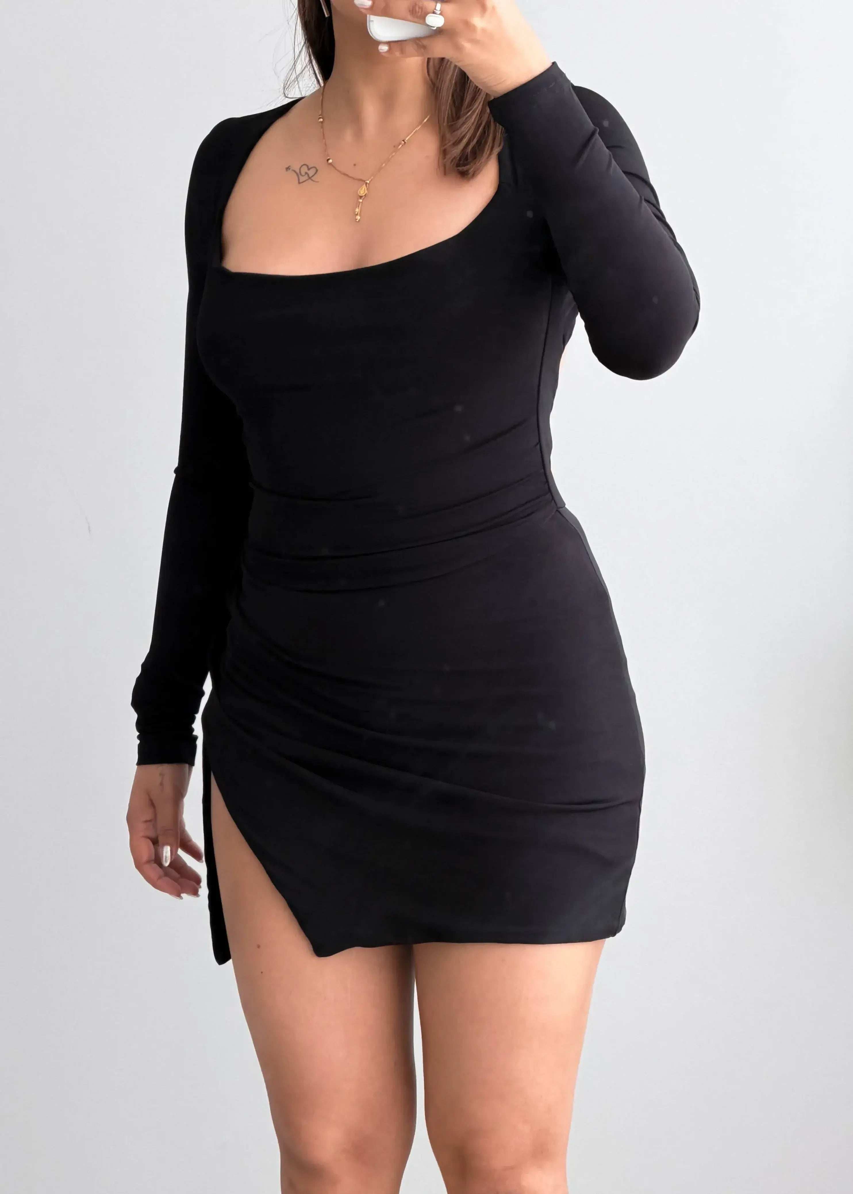 SIZE XS-S, Black Long Sleeve Slit Mini Dress - Closet by Payal