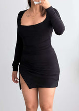SIZE XS-S, Black Long Sleeve Slit Mini Dress - Closet by Payal