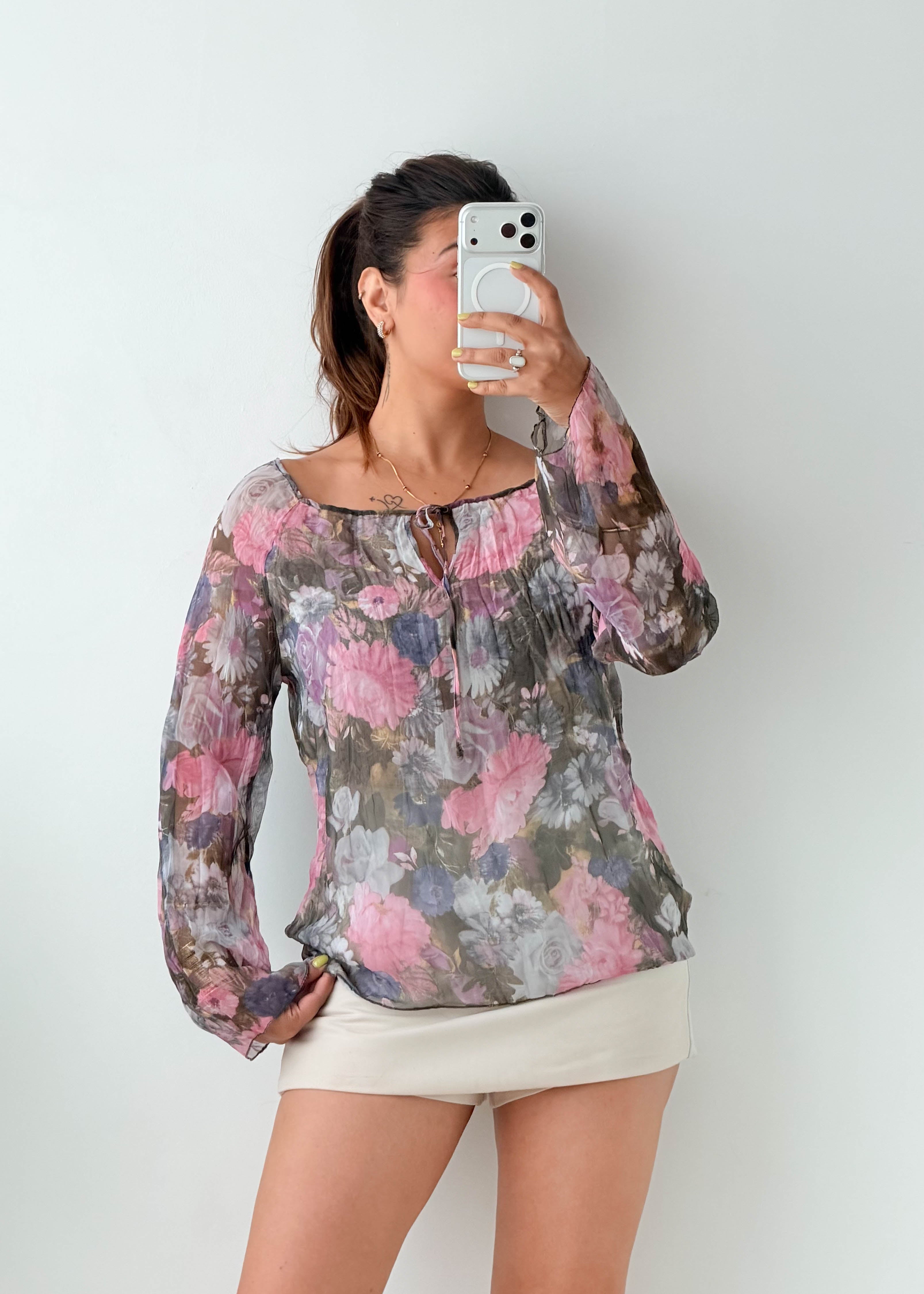 Size S-M Grey Pink Floral Sheer Blouse
