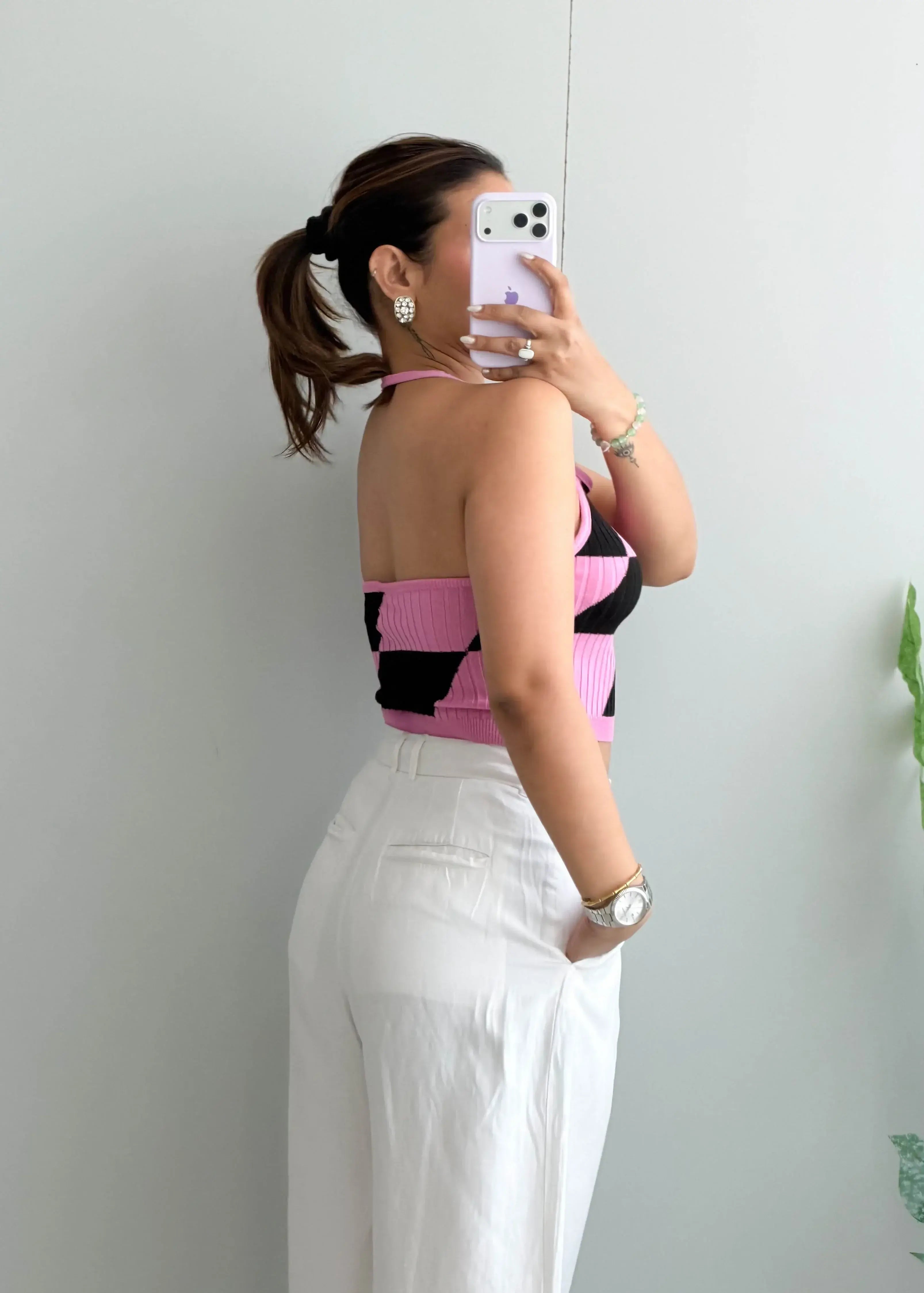 Size S-M, Pink & Black Pattern Crop Top - Closet by Payal