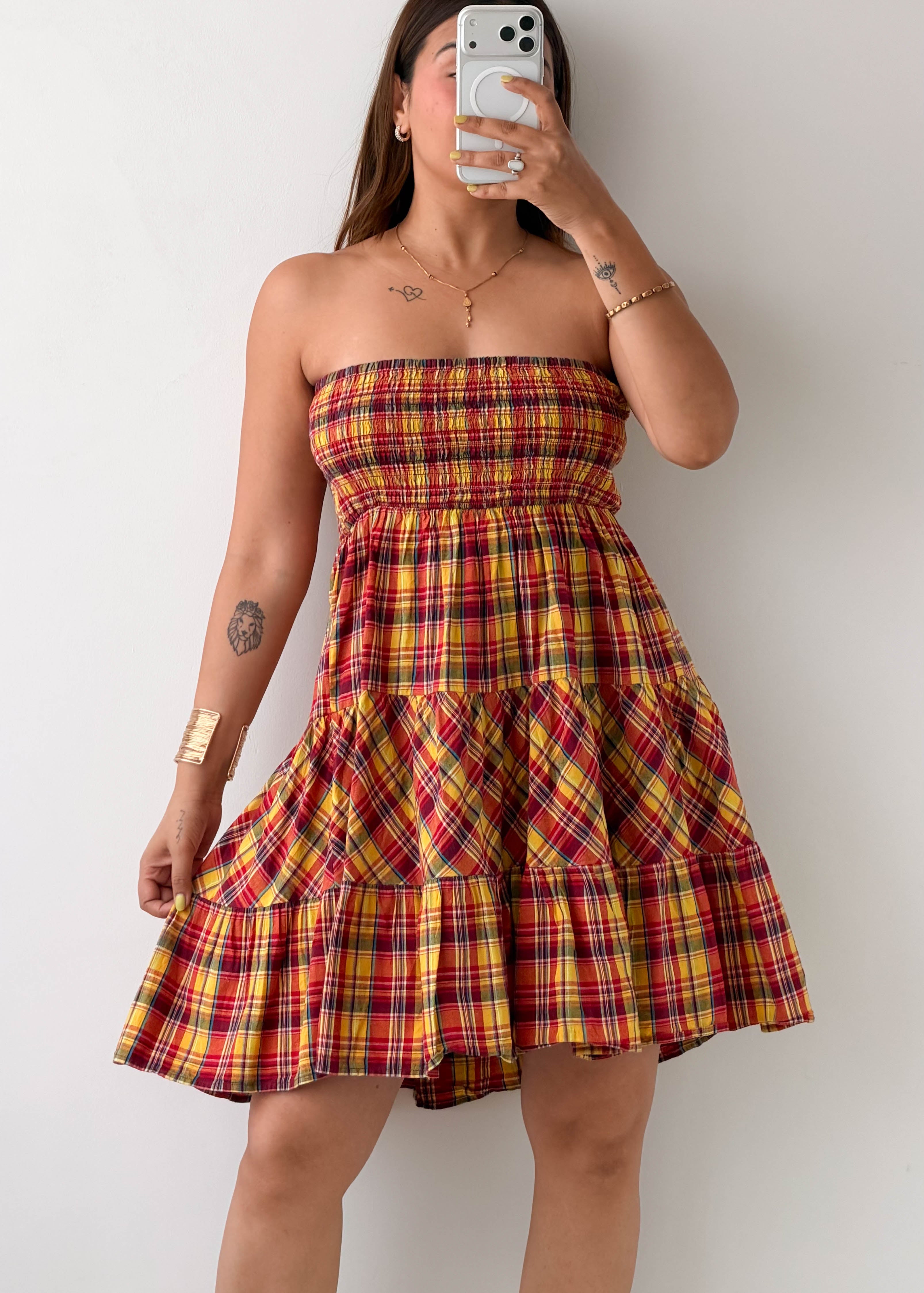 Size M-L Multicolor Plaid Smocked Mini Dress