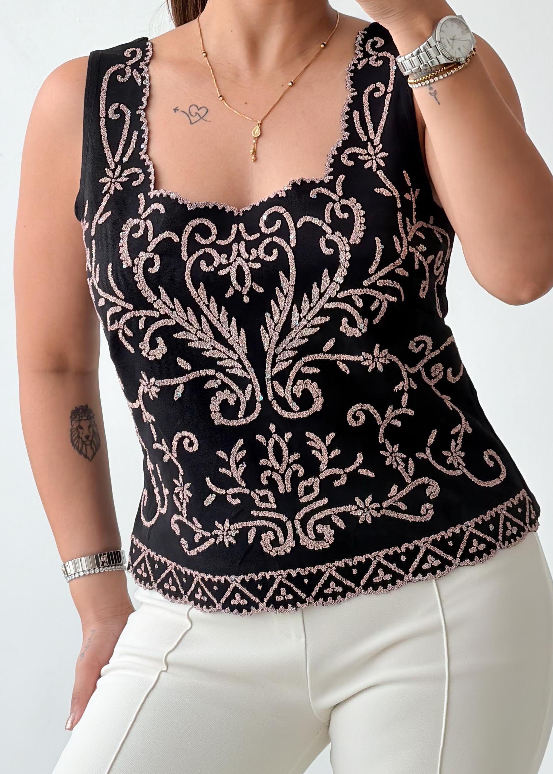 Size M-L Black Embroidered Tank Top