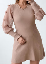 Size M-L Beige Pearl Sleeve Knit Mini Dress