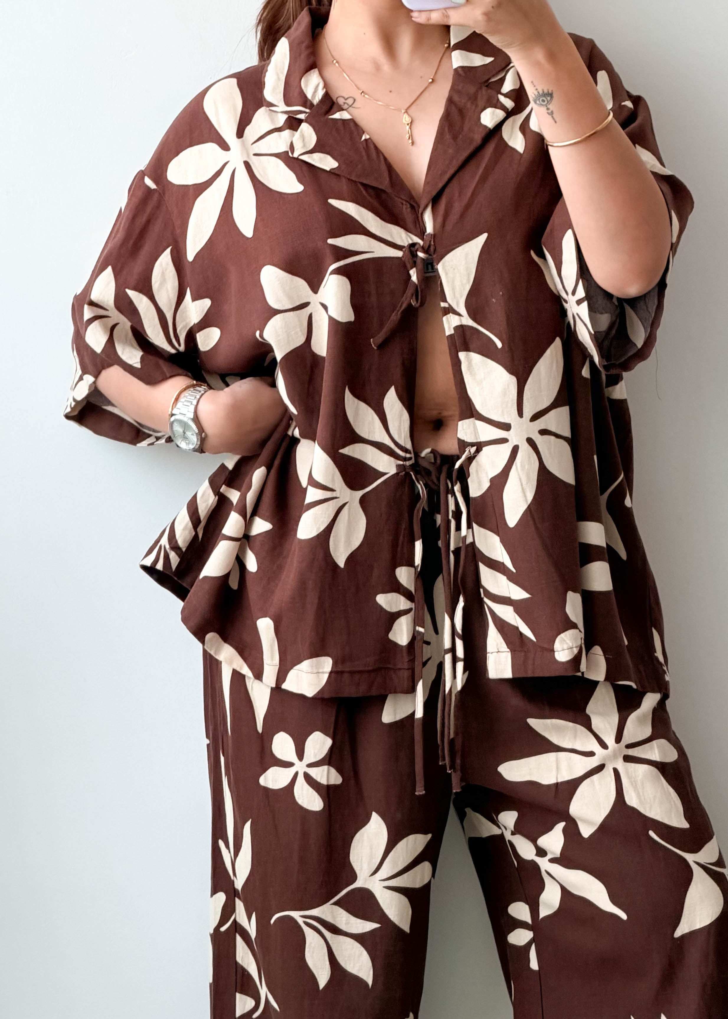 Size L-XL Brown Tropical Co-ord Set