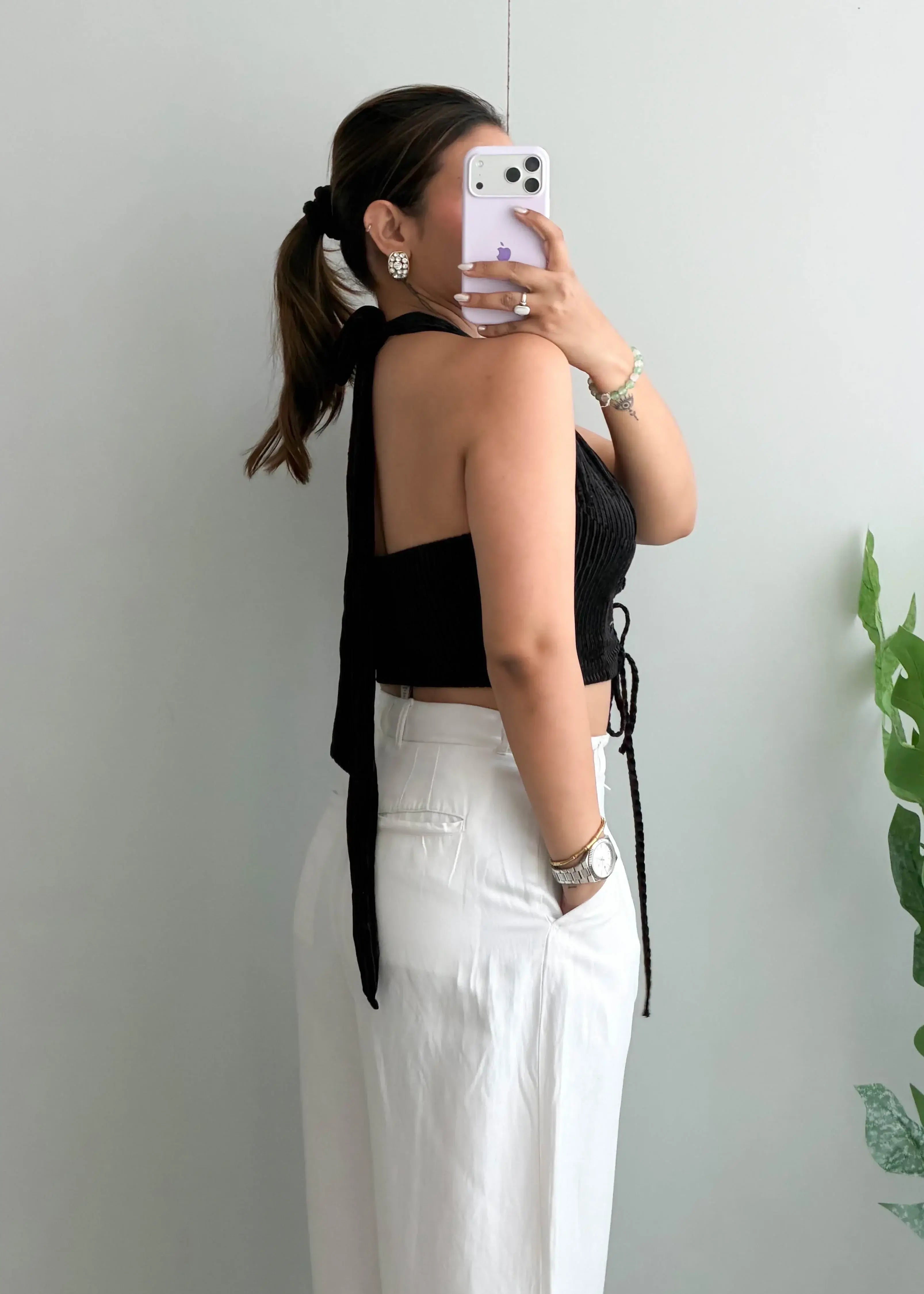 Size S-M, Black Lace-Up Ribbed Crop Top - Closet by Payal