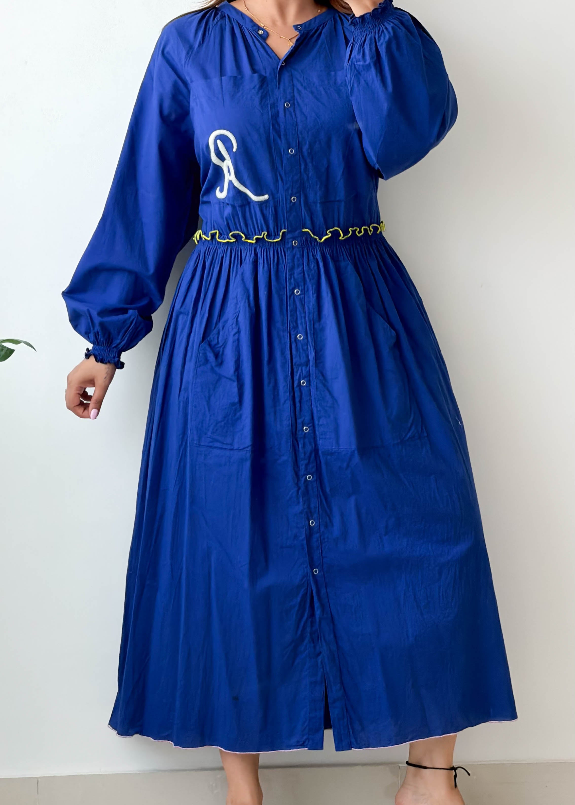 Size L-XL Royal Blue Embroidered Button-Down Maxi Dress