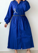 Size L-XL Royal Blue Embroidered Button-Down Maxi Dress
