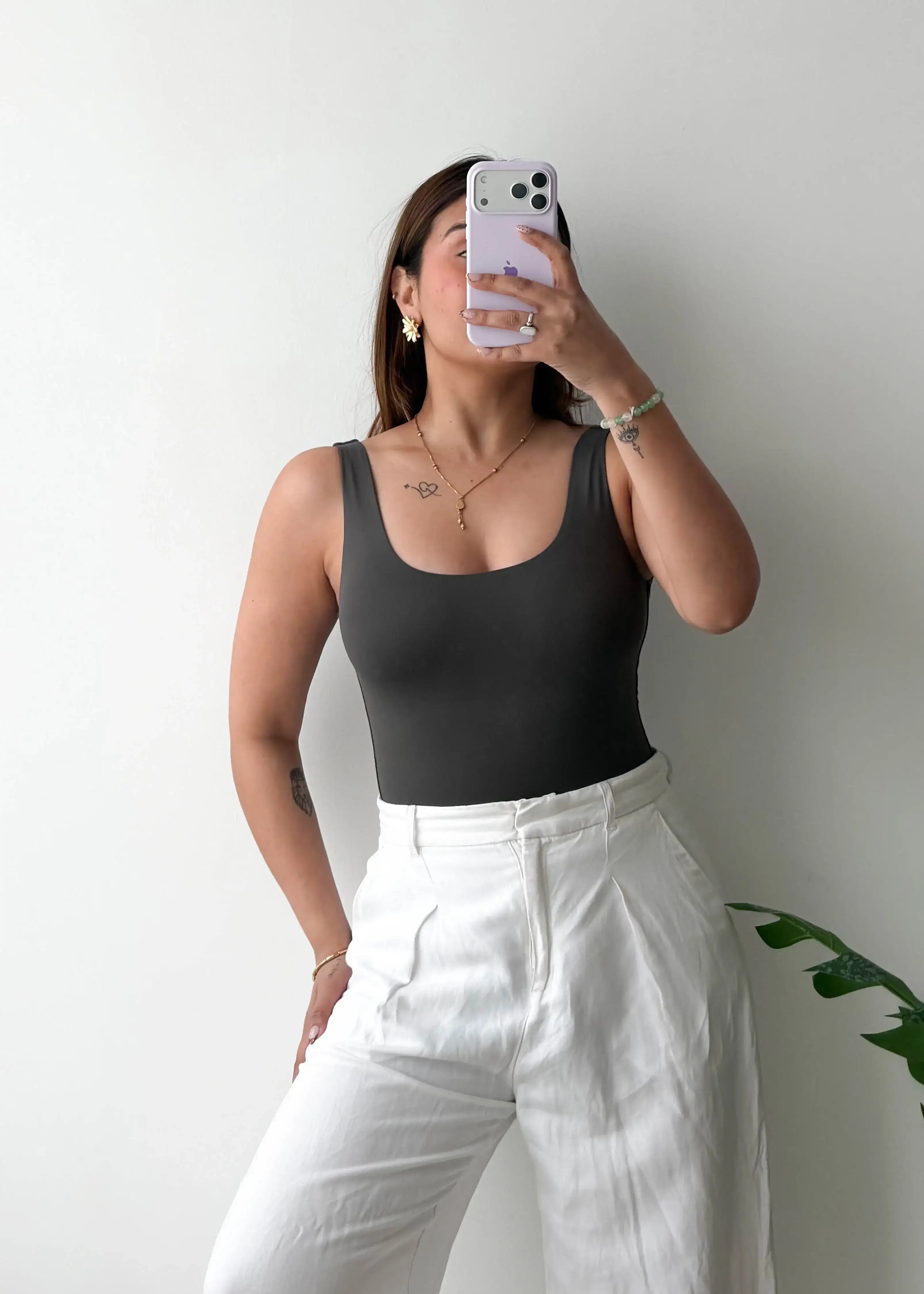 Size XS, Charcoal Grey Scoop Neck Sleeveless Bodysuit