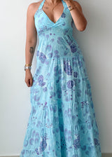 Size XS-S Sky Blue Paisley Halter Maxi Dress