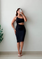 Size XS-S Black One-Shoulder Cut-Out Midi Dress