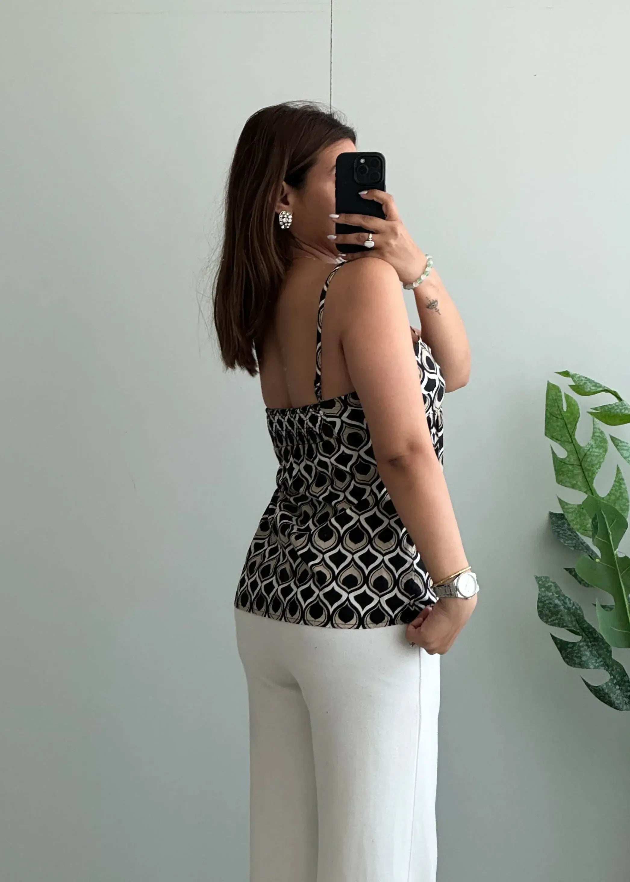 Size S-M, Black & Beige Geometric Print Cami Top for Women - Closet by Payal