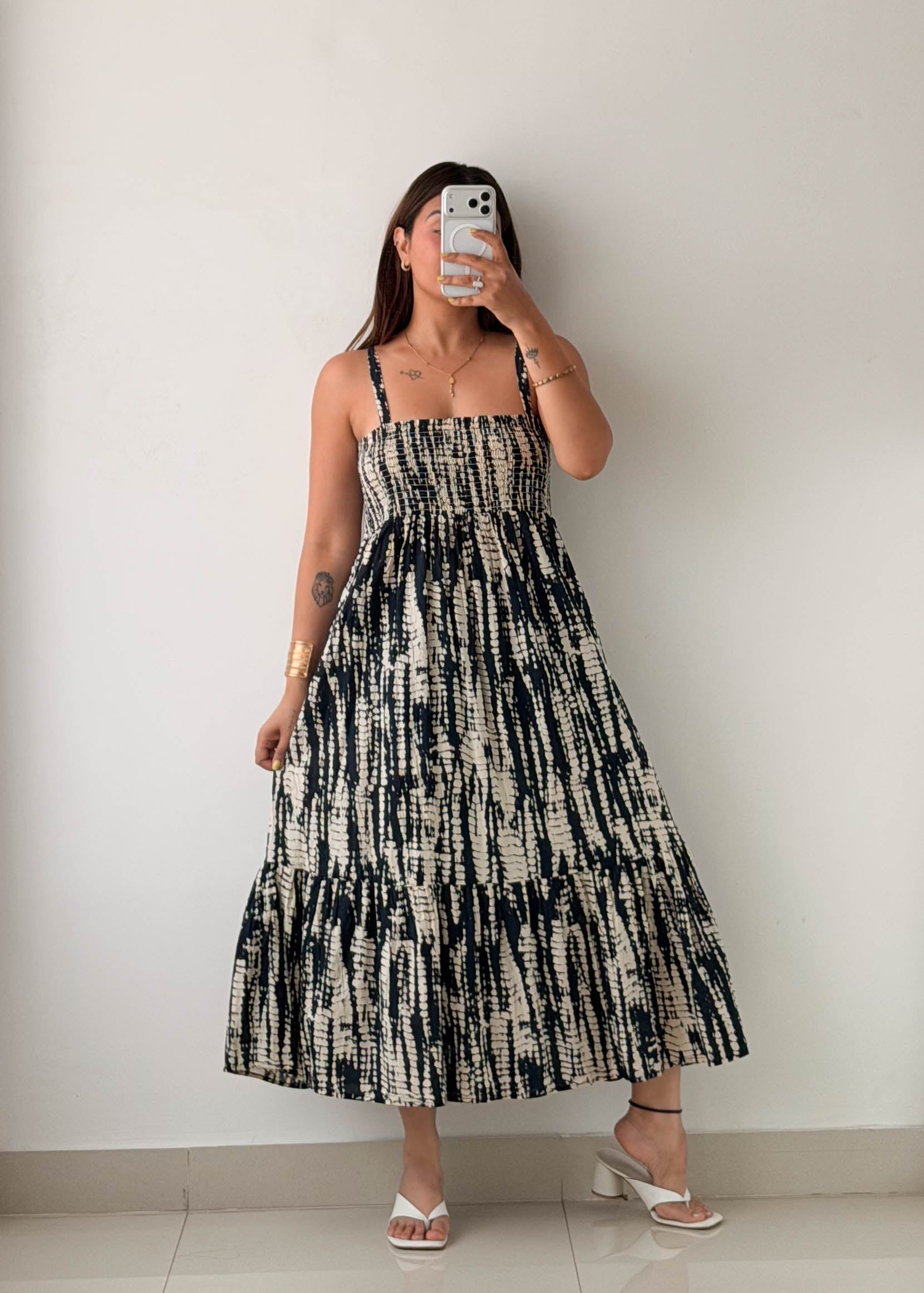 Size L-XL Black Tie-Dye Smocked Maxi Dress