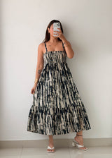 Size L-XL Black Tie-Dye Smocked Maxi Dress