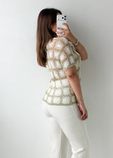 Size S-M sage Floral Crochet Knit Top