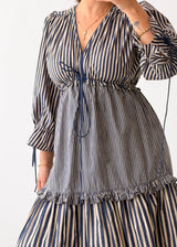 Size S-M Navy Striped Tie-Waist Midi Dress