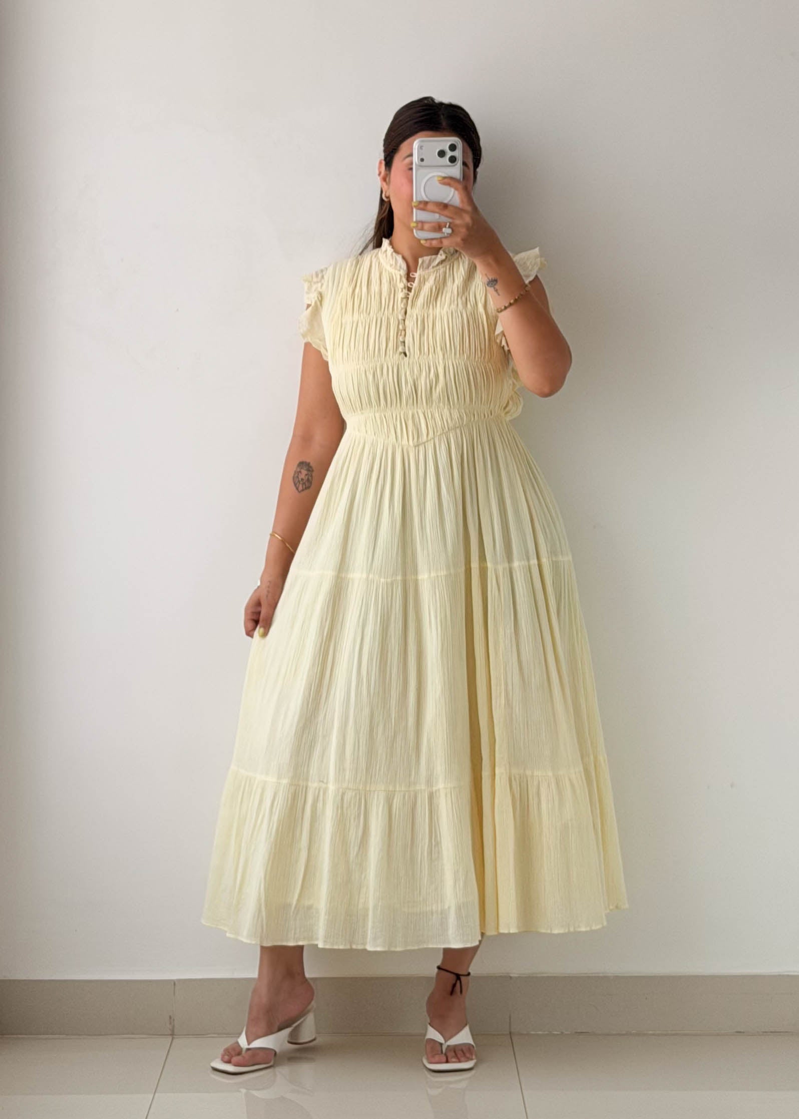 Size S-M Cream Smocked Tiered Midi Dress