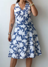 Size M Blue White Floral Fit & Flare Dress