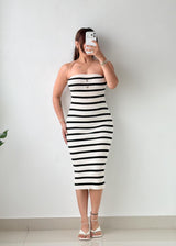 Size XS-S Black & White Striped Ribbed Knit Midi Dress