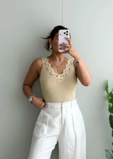 Size S-M, Beige Lace Trim Cami Top - Closet by Payal