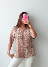 Size S-M Beige Botanical Print Button Shirt Top