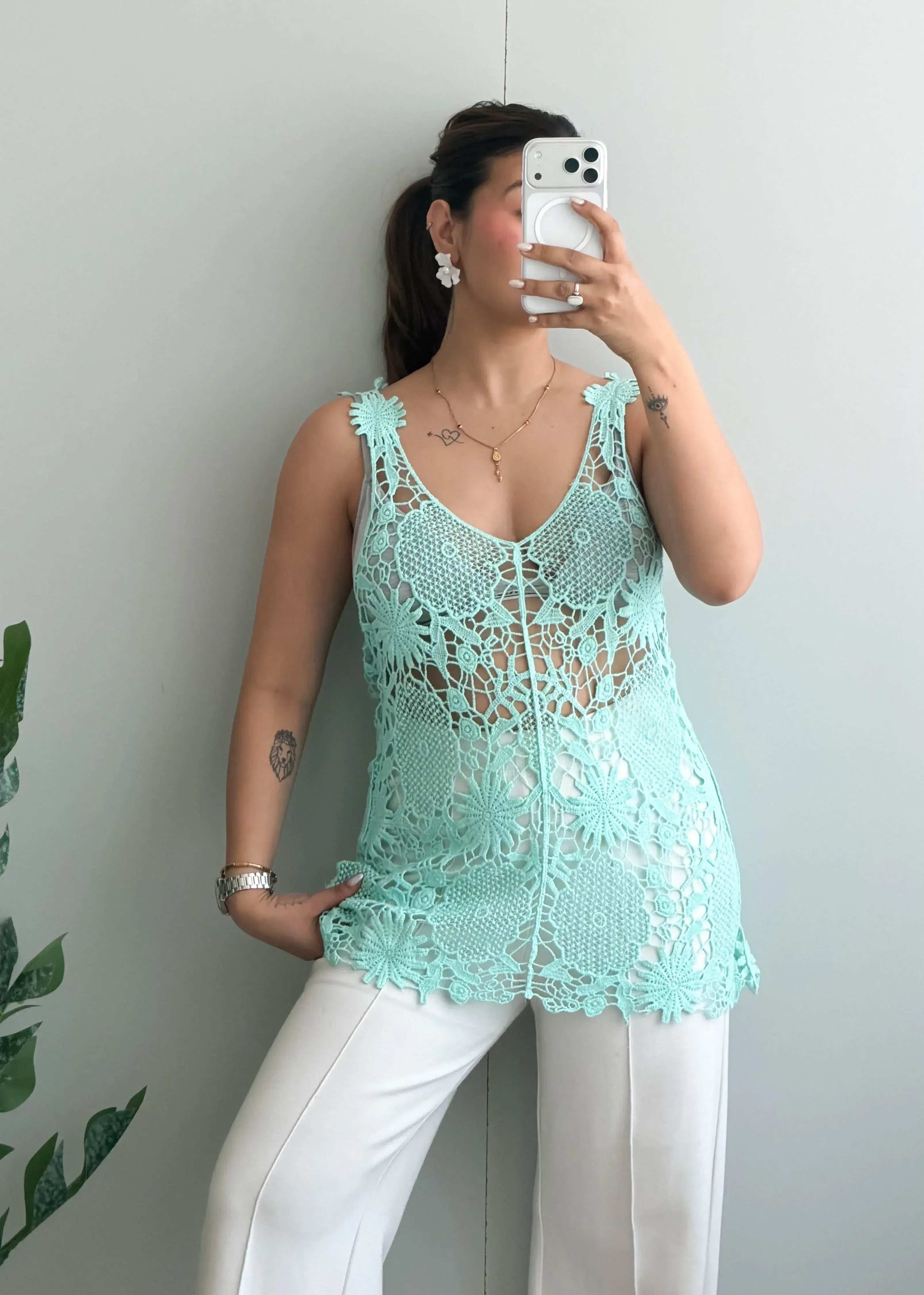 Size S-M, Mint Lace Crochet Tank Top - Closet by Payal