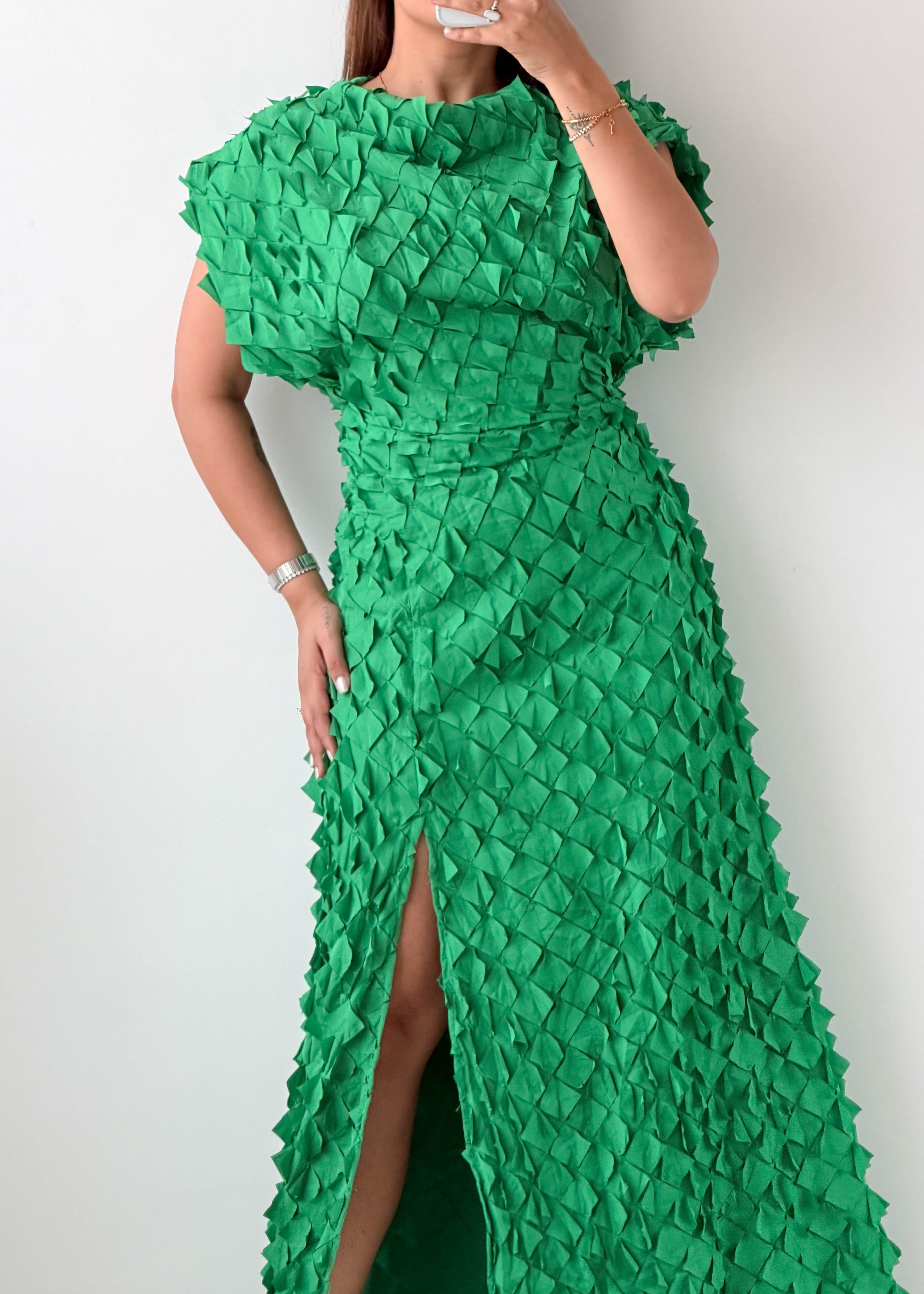 Size XS-S Green Textured Slit Maxi Dress