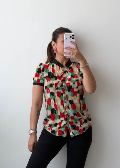 XS-S Multi Abstract Print Short Sleeve Cotton Voile Top