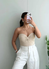 Size M-L, Beige Strapless Twist Ribbed Top - Closet by Payal