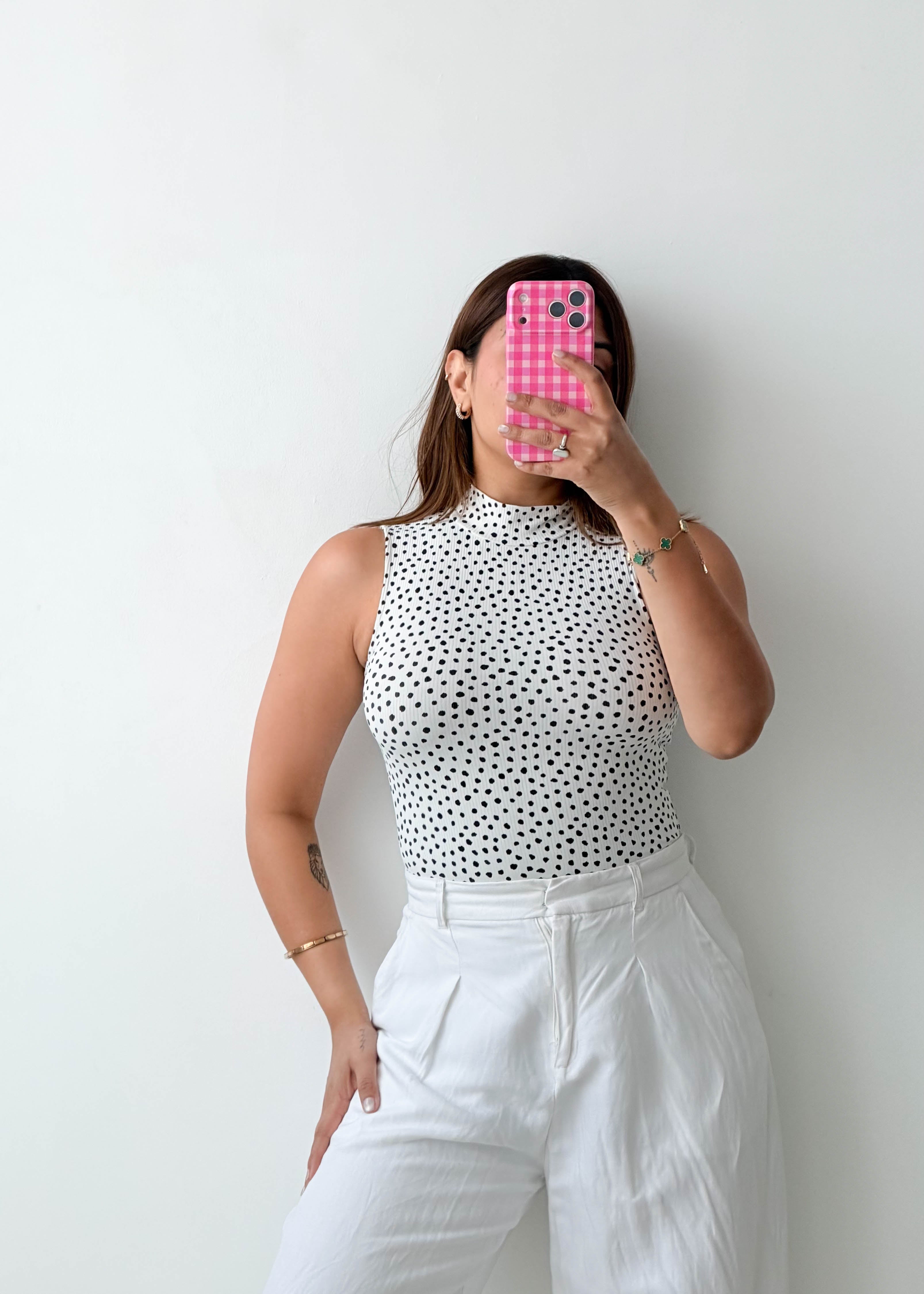 Size S-M White Polka Dot High Neck Bodysuit