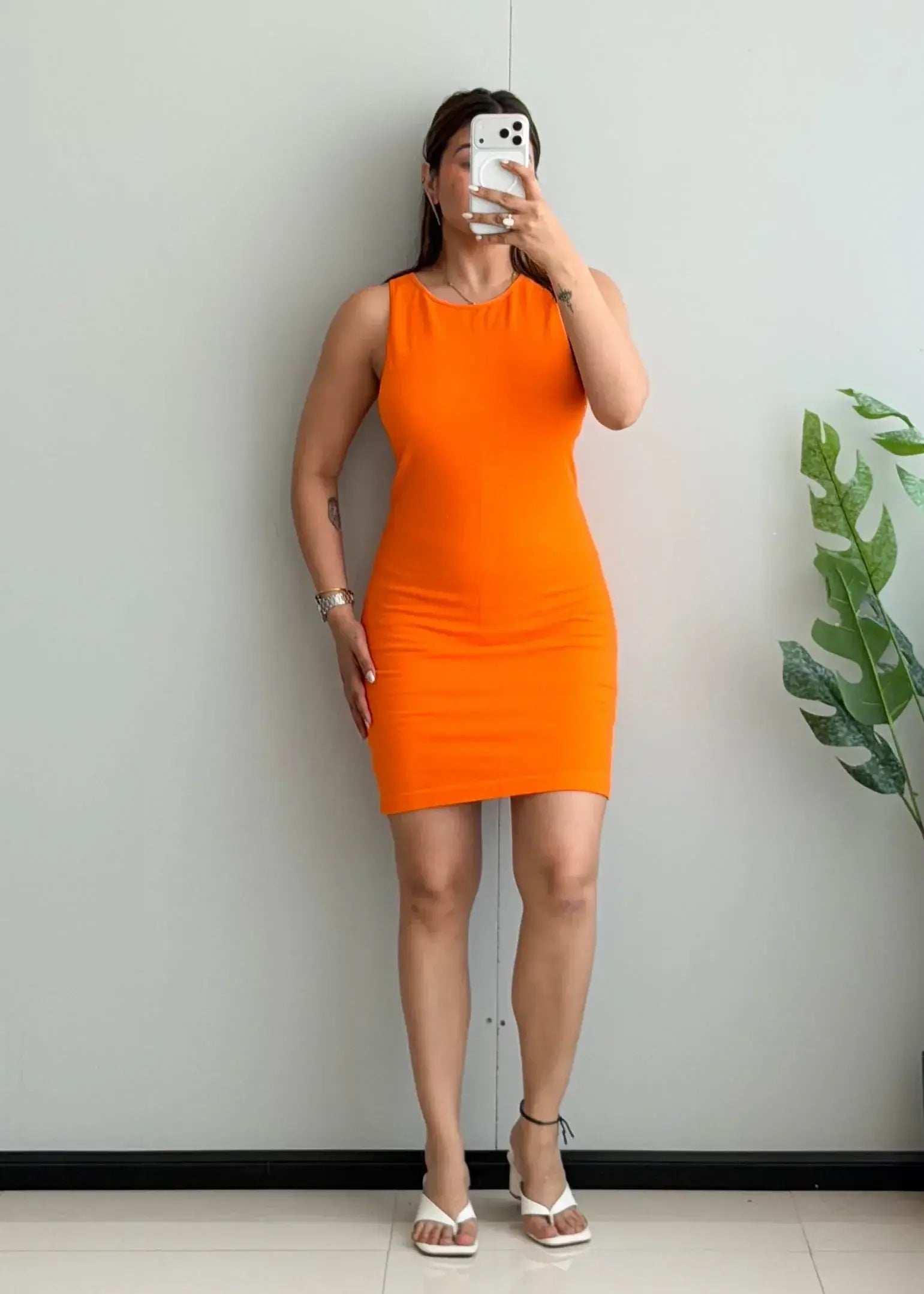 SIZE L, Bright Orange Sleeveless Bodycon Mini Dress - Closet by Payal