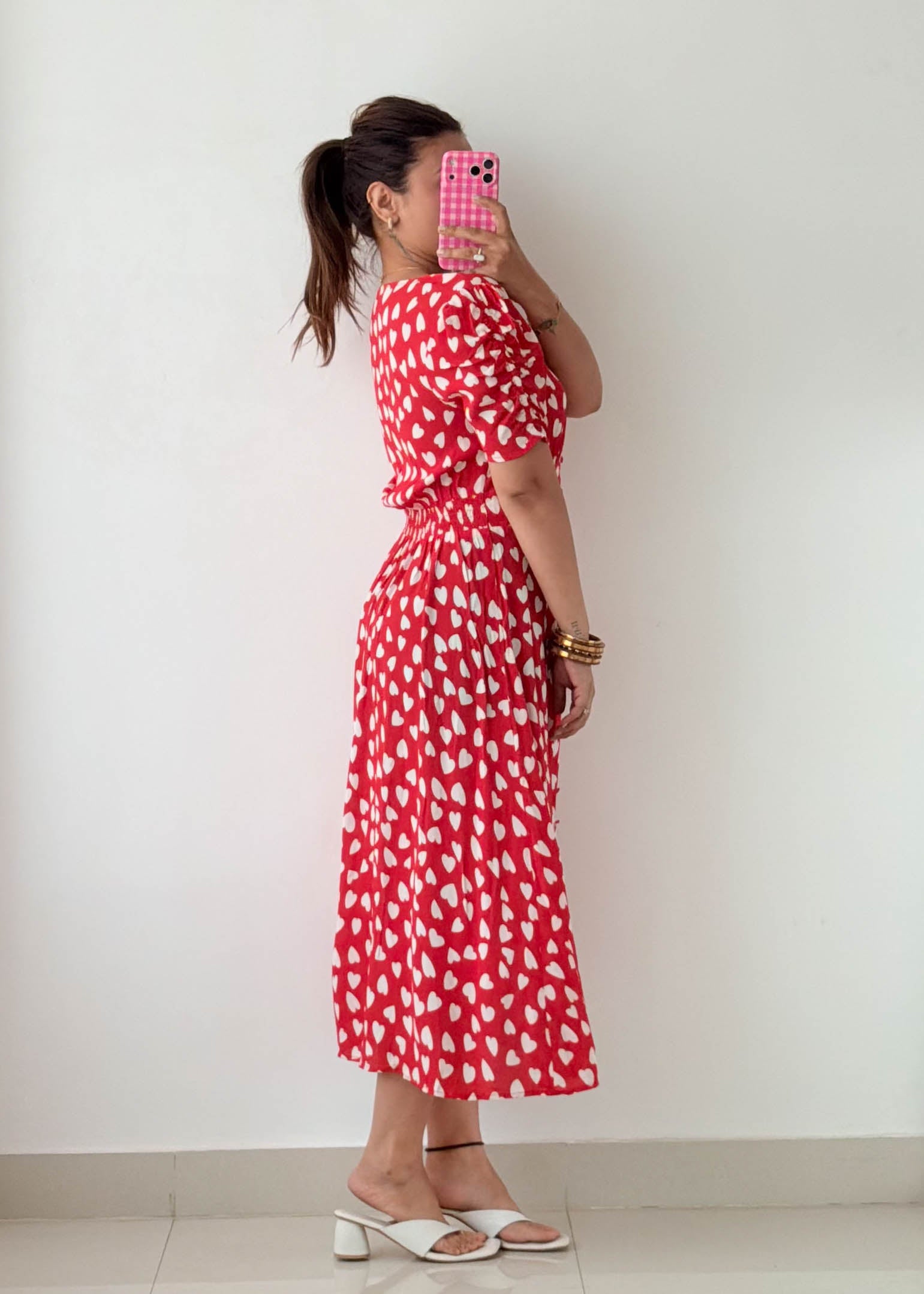 Size M-L Red Heart Print Midi Dress