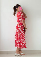 Size M-L Red Heart Print Midi Dress