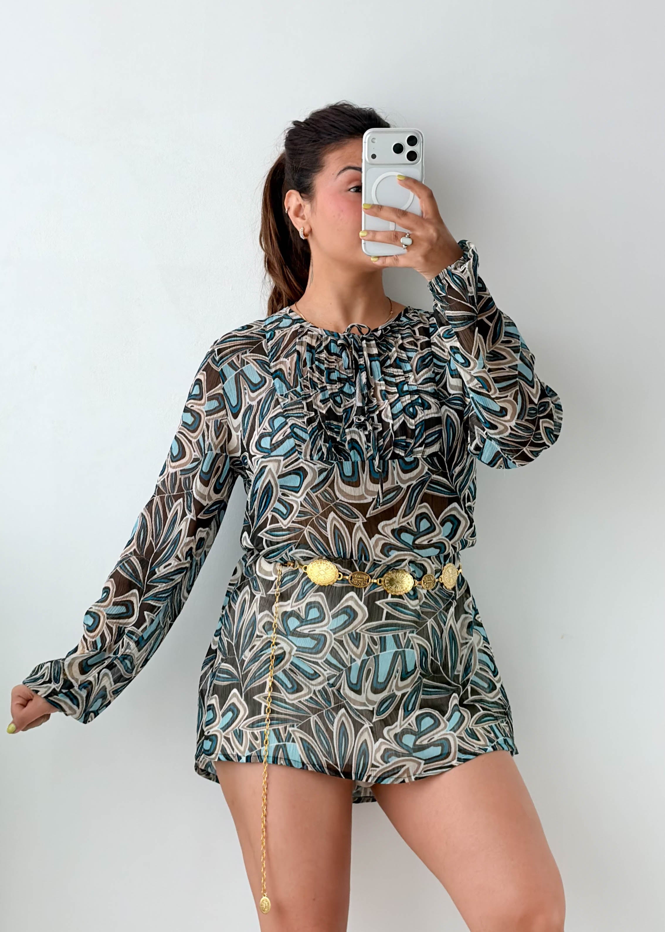Size S-M Blue Abstract Print Peplum Top